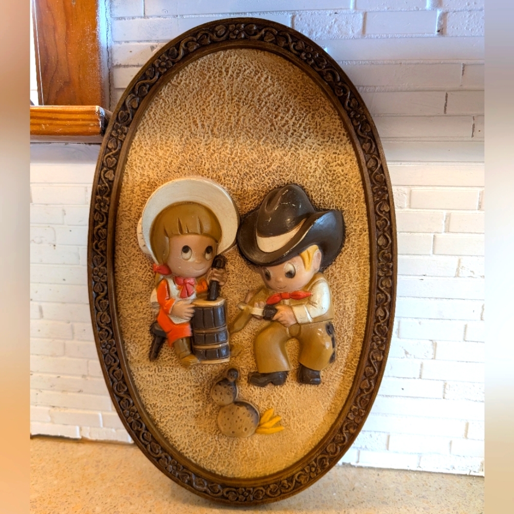 Vintage 1981 Burwood Country Western Cowboy Wall Oval Mid Century Boy Girl